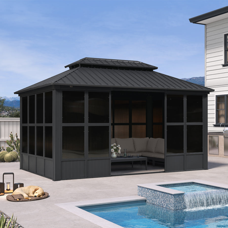 PURPLE LEAF Sunroom Hardtop Gazebo Solarium Grey Galvanized Steel Double Roof  All-Weather Aluminum Outdoor Screen House