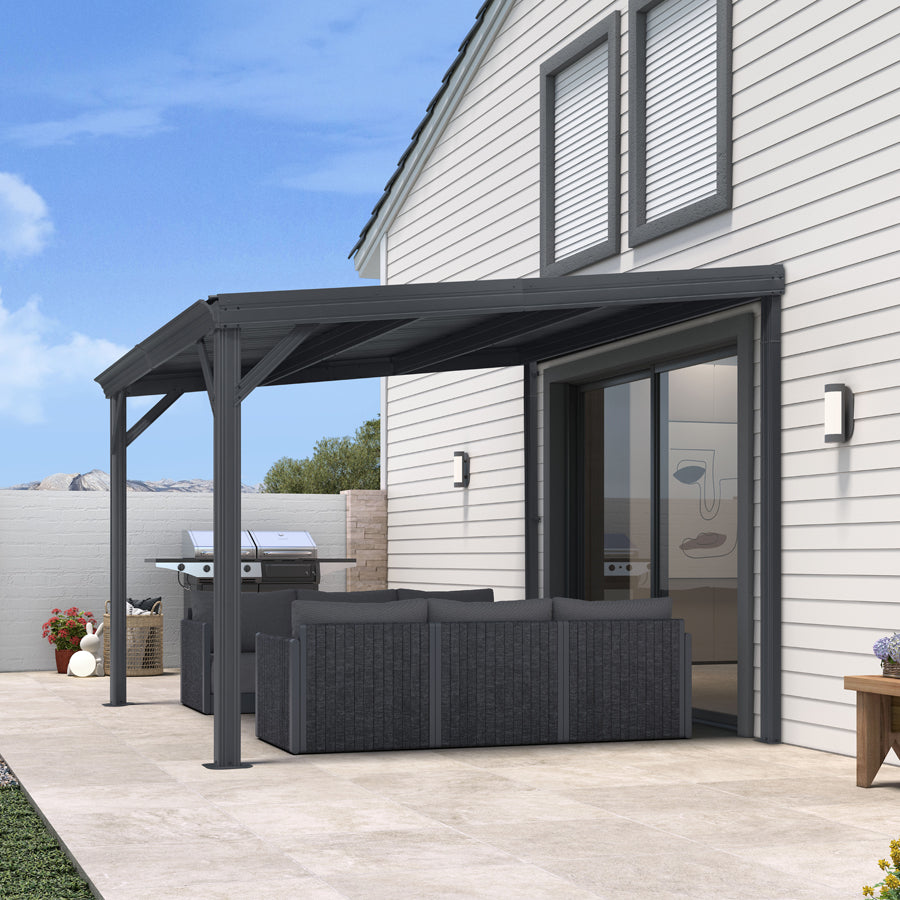 PURPLE LEAF Lean to Gazebo Metal Roof Patio Cover Built-in Drain Slots Wall Mounted Gazebo for Outdoor Extension