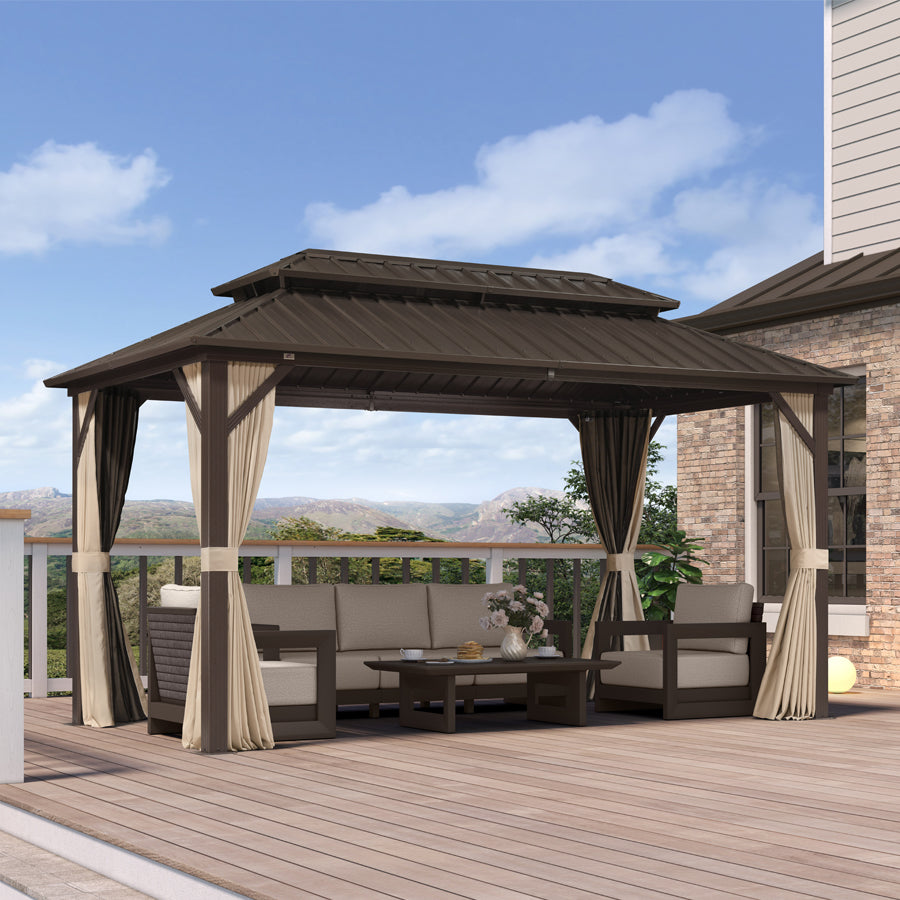 PURPLE LEAF Hardtop Gazebo Featuring Galvanized Steel Double Roof and Bronze Aluminum Frame with Curtains and Netting for Backyard with Lights-milky