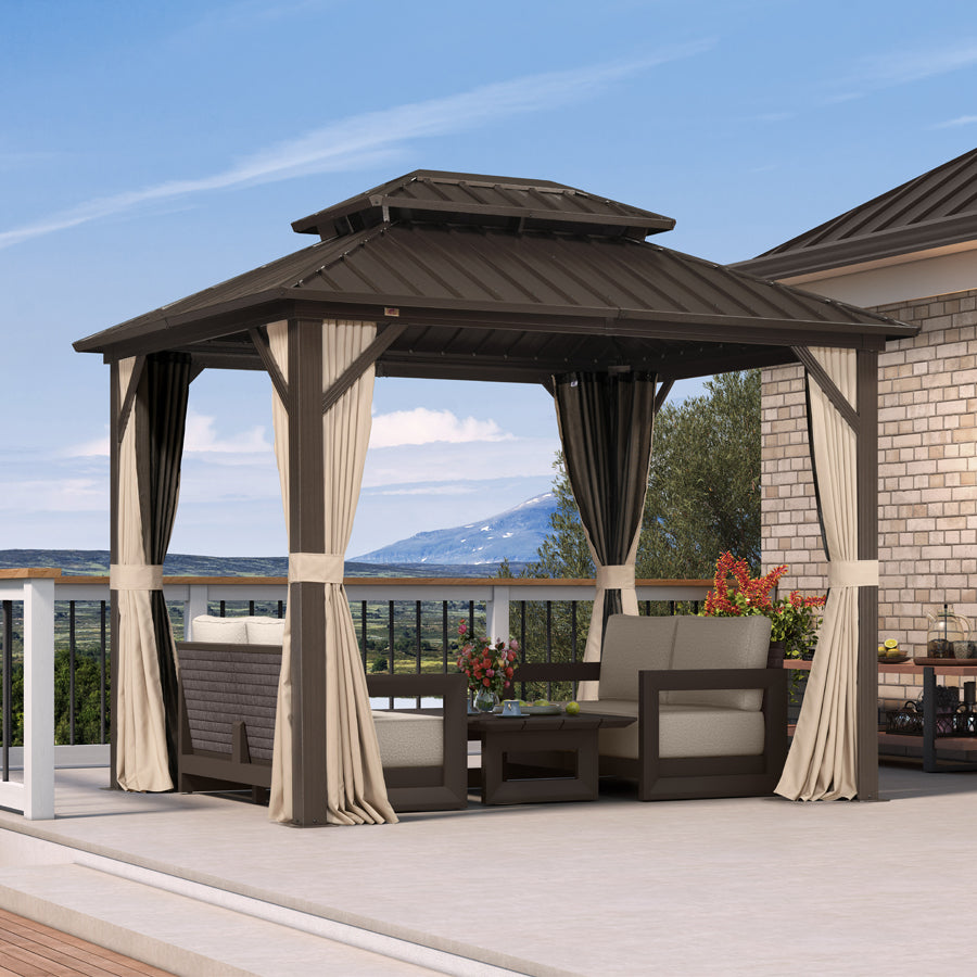 PURPLE LEAF Hardtop Gazebo Featuring Galvanized Steel Double Roof and Bronze Aluminum Frame with Curtains and Netting for Poolside with Lights-clear
