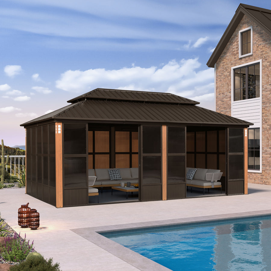 PURPLE LEAF Bronze Frame Sunroom Hardtop Gazebo Solarium Wood Grain Columns Galvanized Steel Double Roof All-Weather Screen House