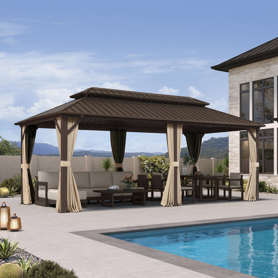 PURPLE LEAF Hardtop Gazebo Featuring Galvanized Steel Double Roof and Bronze Aluminum Frame with Curtains and Netting for Poolside with Lights-clear