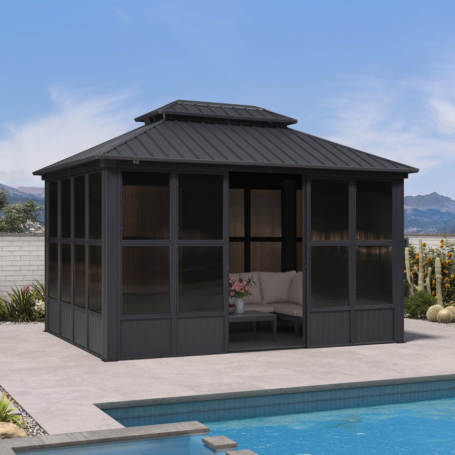 PURPLE LEAF Sunroom Hardtop Gazebo Solarium Grey Galvanized Steel Double Roof  All-Weather Aluminum Outdoor Screen House with String Lights