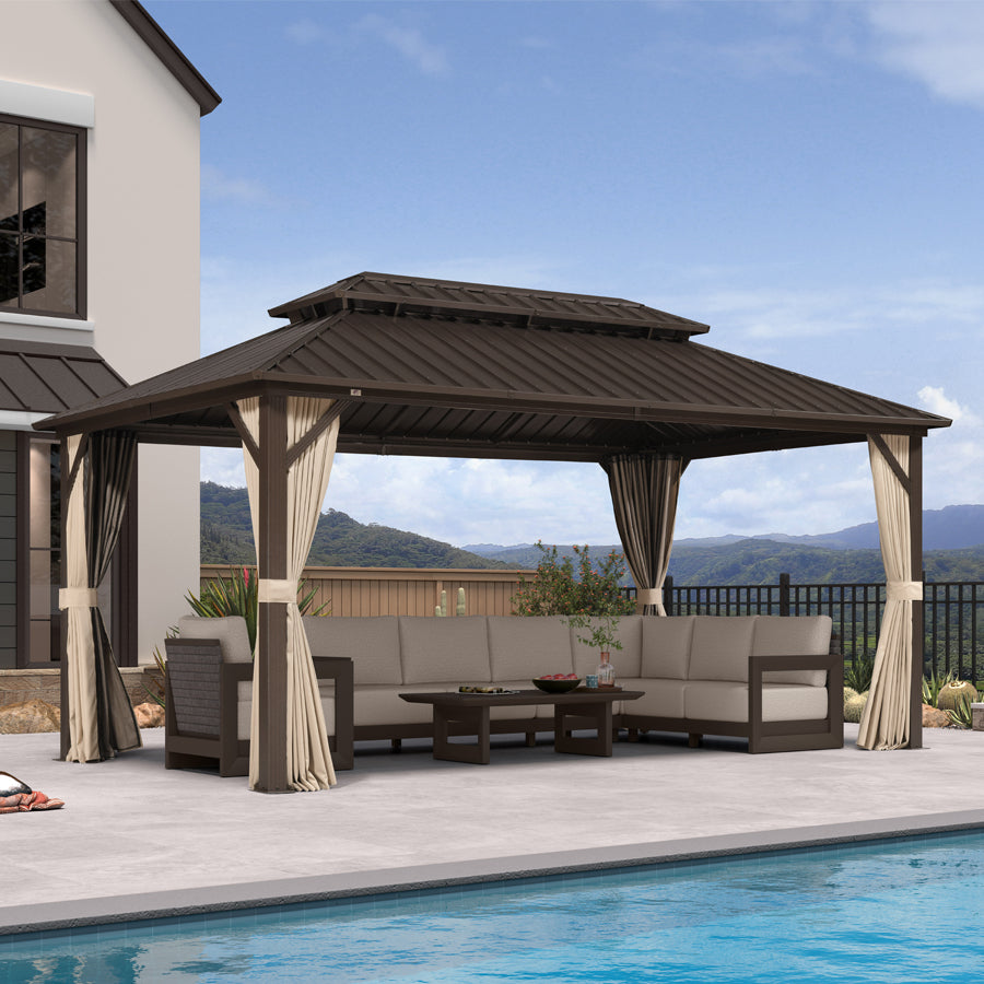 PURPLE LEAF Hardtop Gazebo Featuring Galvanized Steel Double Roof and Bronze Aluminum Frame with Curtains and Netting for Patio and Poolside