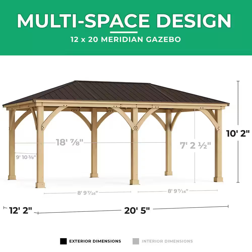DIY Meridian 12 Ft. X 20 Ft. Cedar Wood Outdoor Gazebo Kit with Hartop Metal Roof - Permanent Covered Patio Shade