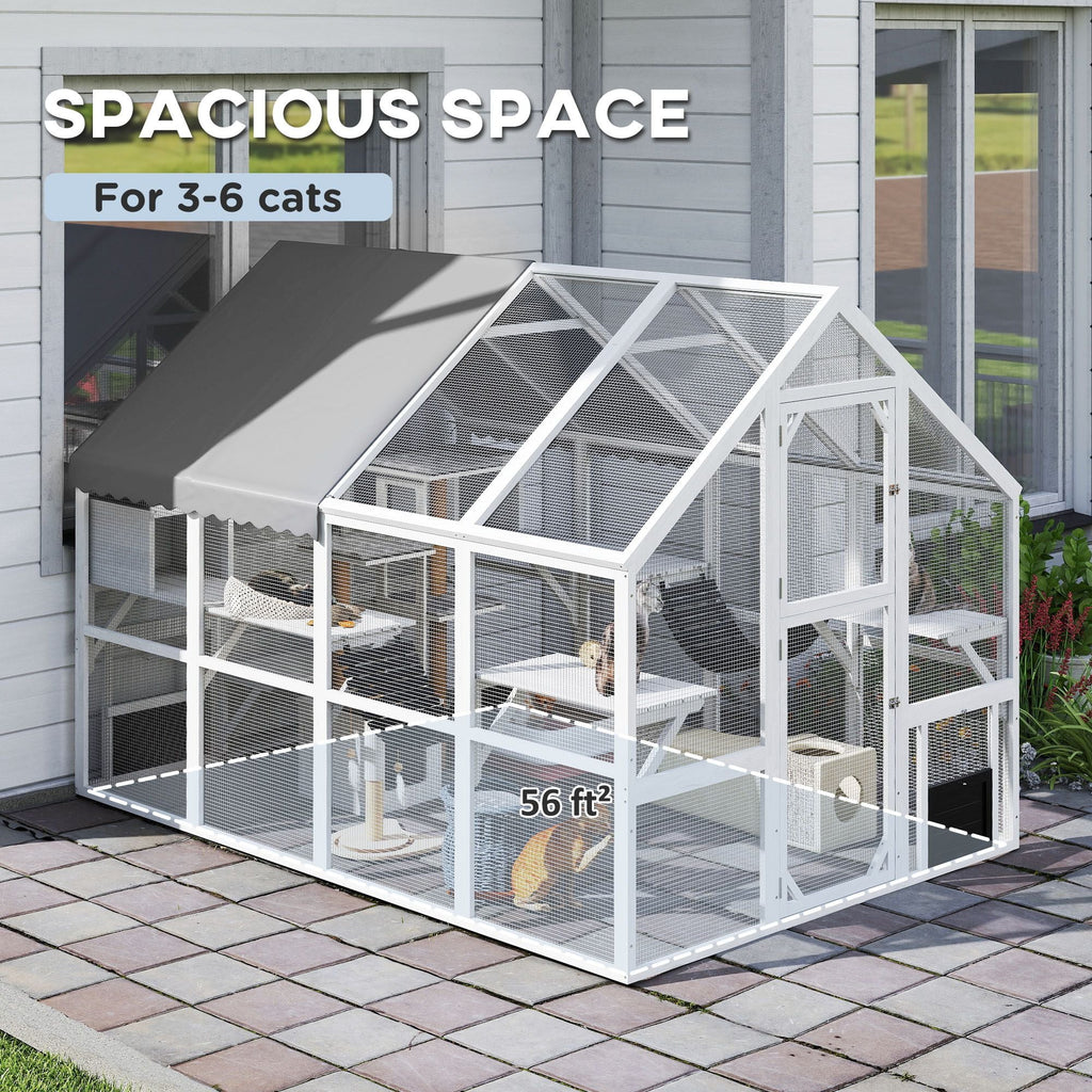 110" Wooden Outdoor Catio with Waterproof Cover, 2 Condos & 6 Platforms, White, DOBA-CAT110W