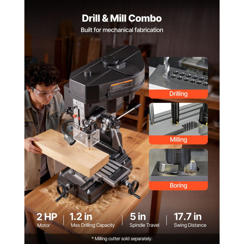 15.875-Inch Mill Drill Machine, 2 HP, Benchtop Milling Drill Press, 150-2560 RPM Adjustable Speed, with Rotating Vise, Laser and Work Light, Milling Drilling Machine, for Woodworking Light Metal