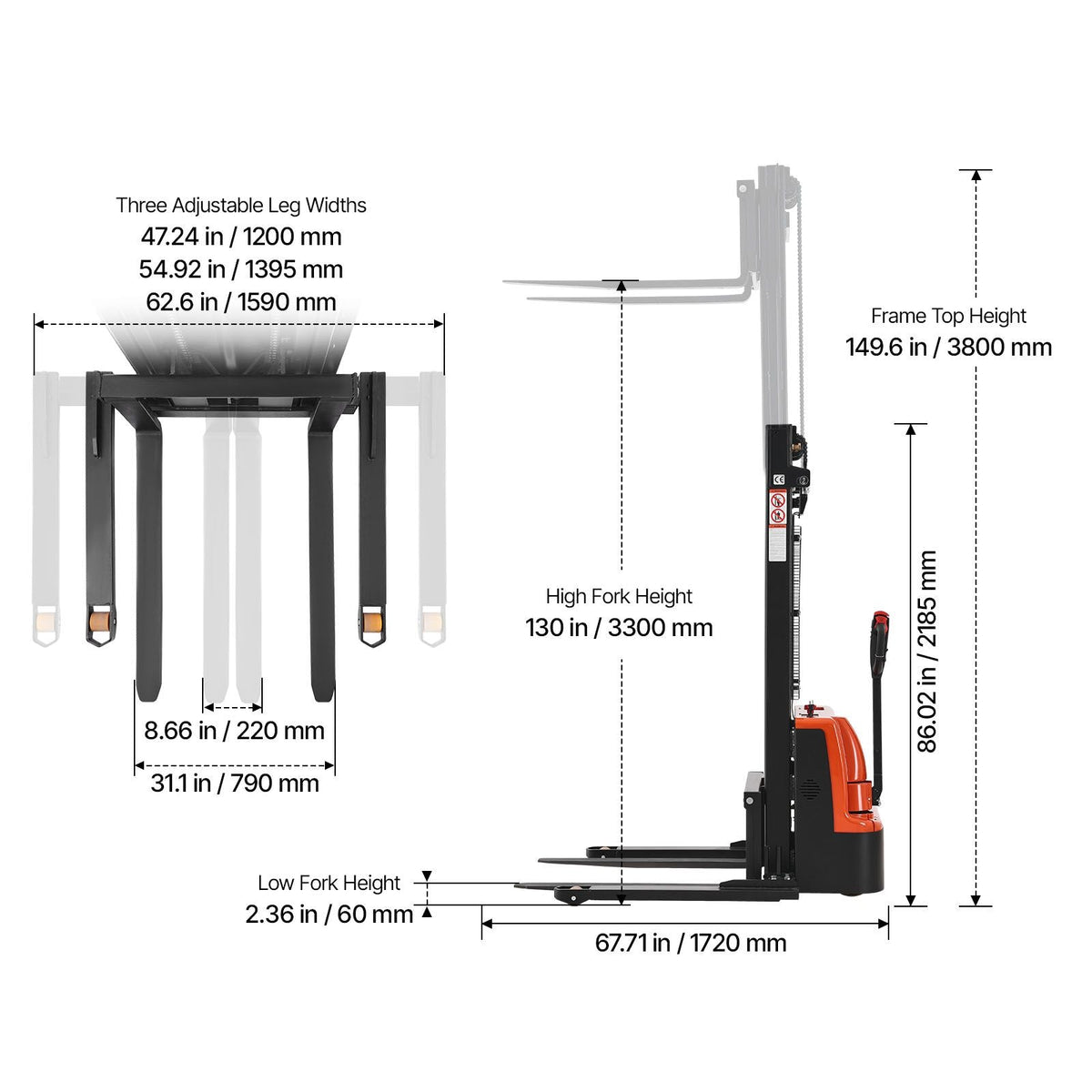 Full Electric Pallet Stacker, 3300 lbs Capacity, Pallet Lift Stacker Forklift with Straddle Legs & Forks, 127.6 Inches Lifting Height & 8.66-31.1 Inches Adjustable Fork Width, Orange & Black