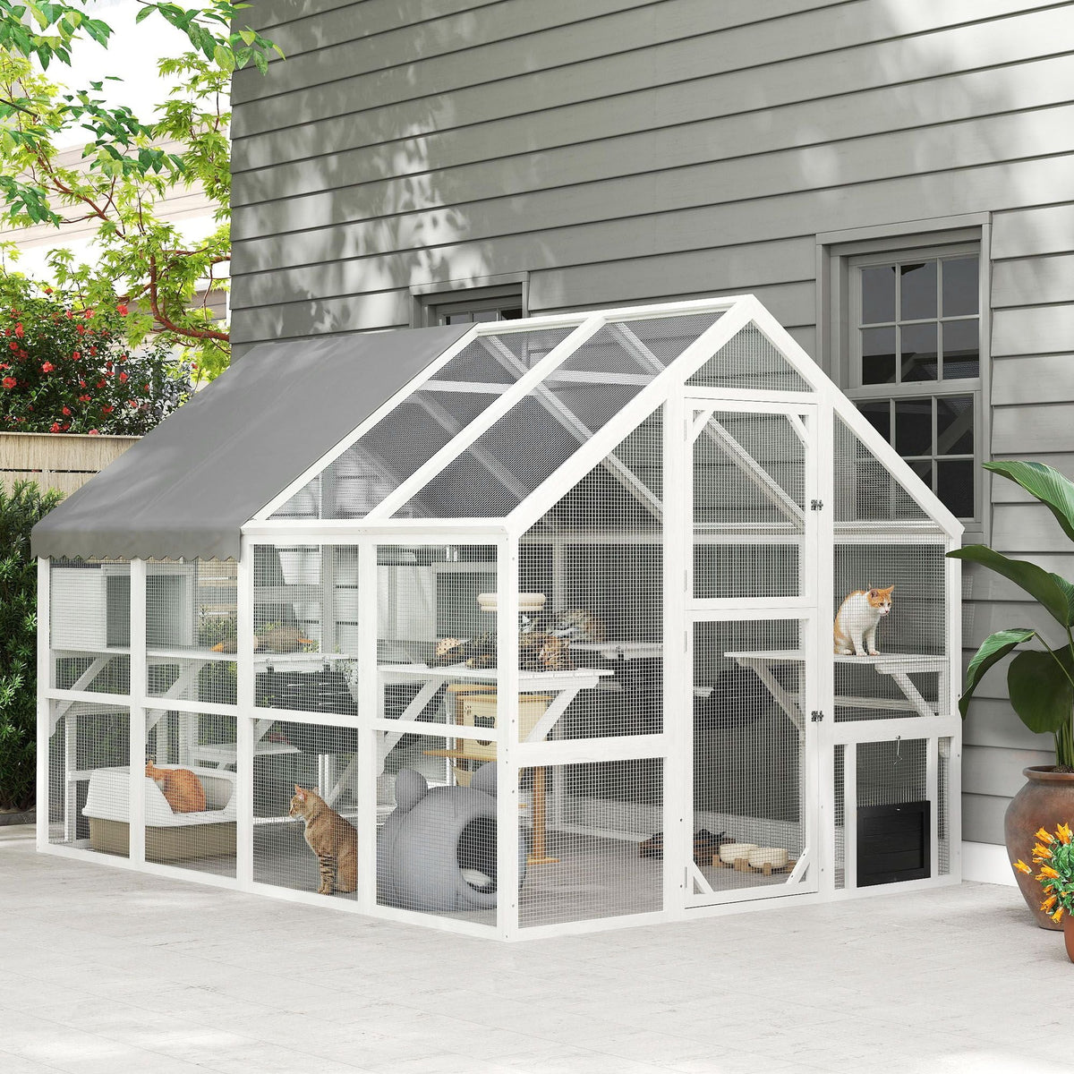 110" Wooden Outdoor Catio with Waterproof Cover, 2 Condos & 6 Platforms, White, DOBA-CAT110W