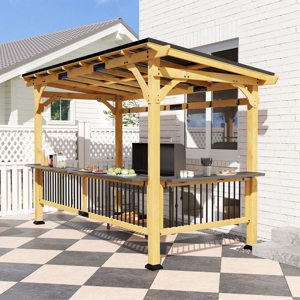 13' x 6' Wooden BBQ Grill Gazebo with Metal Hardtop Roof, Bar Shelves & Hooks, Natural, DOBA-GZ136