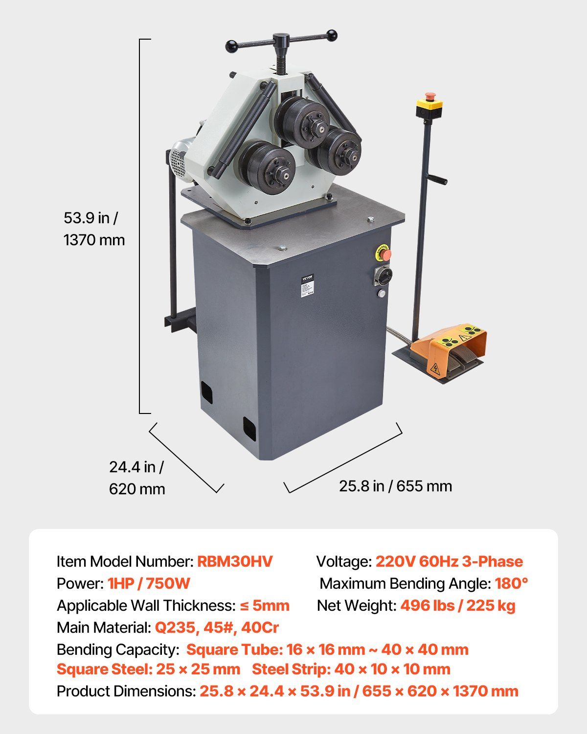 750W Electric Roll Bending Machine, 3-Roller Pipe Bender with 180° Max Bending Angle, Reversible Foot Switch, 220V 3-Phase, DOBA-RB750