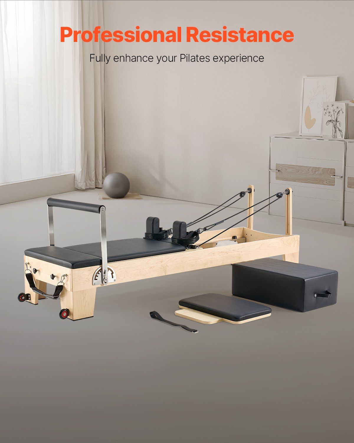 Wooden Pilates Reformer Machine, Dual Resistance Spring & Cord System, Includes Sitting Box, Supports Up to 400 lbs, DOBA-PR400