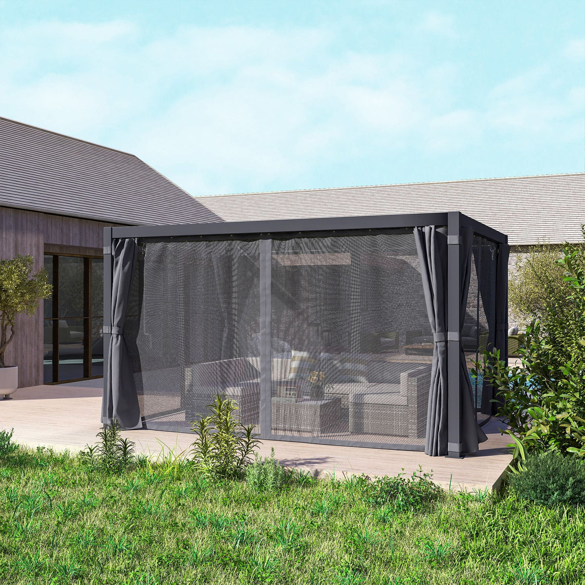10' x 13' Adjustable Louvered Aluminum Pergola with Canopy, Curtains & Netting, Outsunny, DOBA-PG1013