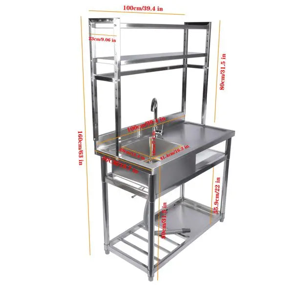 39.4" Stainless Steel Utility Sink, Single Bowl Commercial Sink, Shelves, Drainboard & Hanging Tools, DOBA-US39