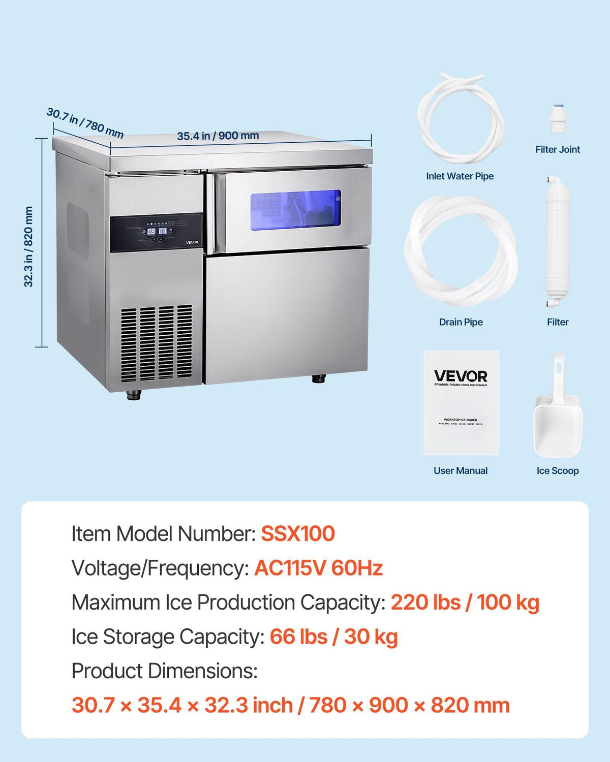 220 lbs/24H Commercial Ice Maker, Stainless Steel with Worktop, 66 lbs Storage & 108 Cubes per Cycle, Self-Cleaning Freestanding Design, DOBA-IM220