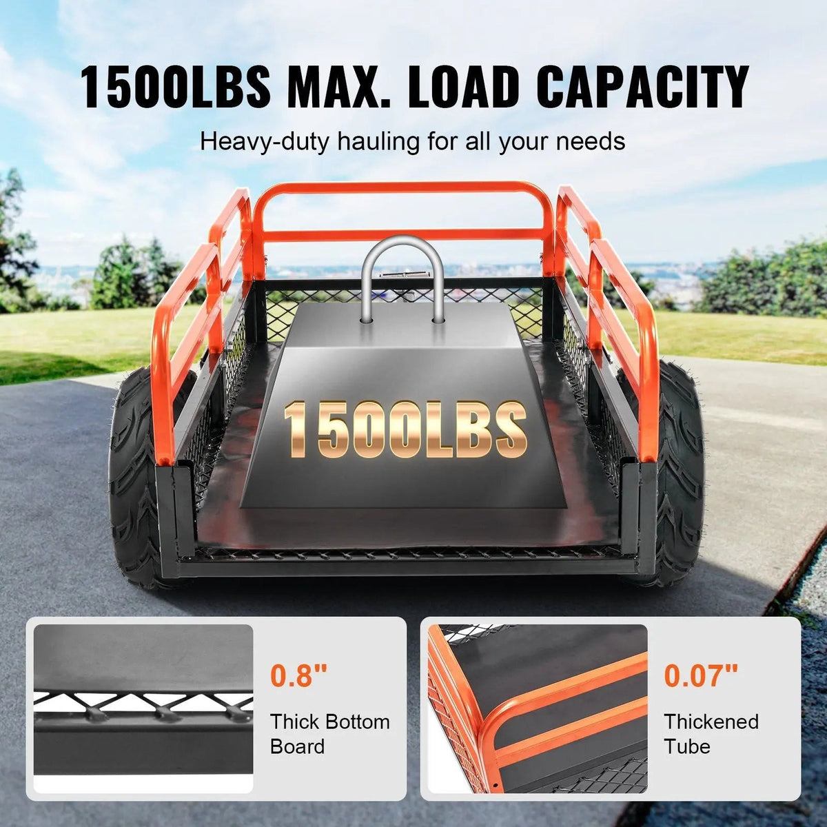 1500 lbs Steel Dump Trailer, 15 Cu. Ft Capacity, Removable Sides, Tow Behind for Mowers/Tractors/ATV, DOBA-DT1500