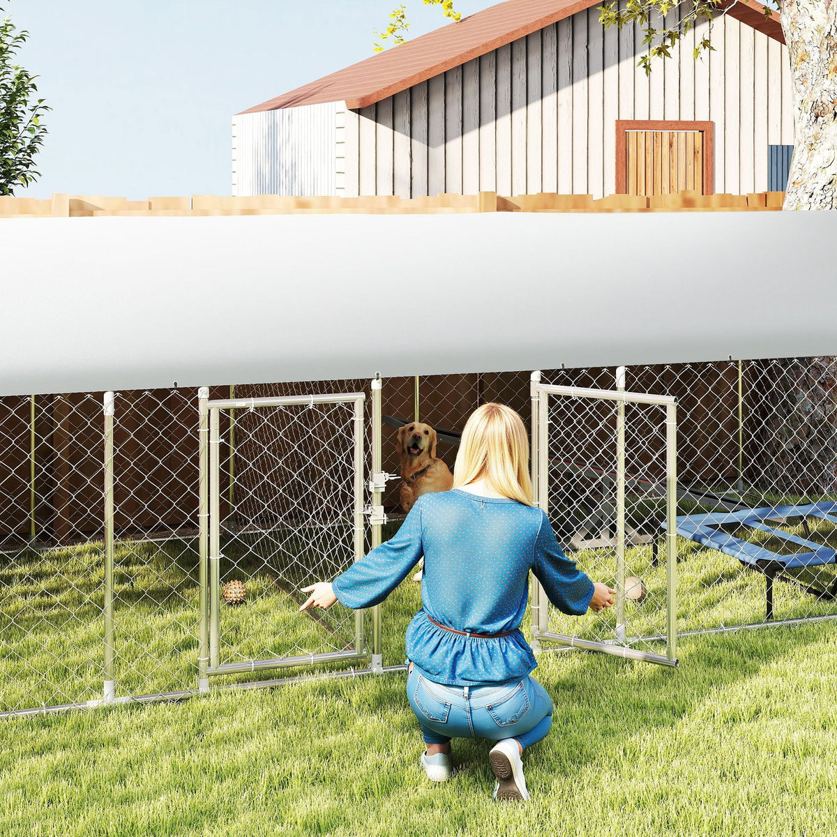 19.7' x 7.5' Two-Room Outdoor Dog Kennel with Roof & Secure Lock, PawHut, DOBA-DK20TR