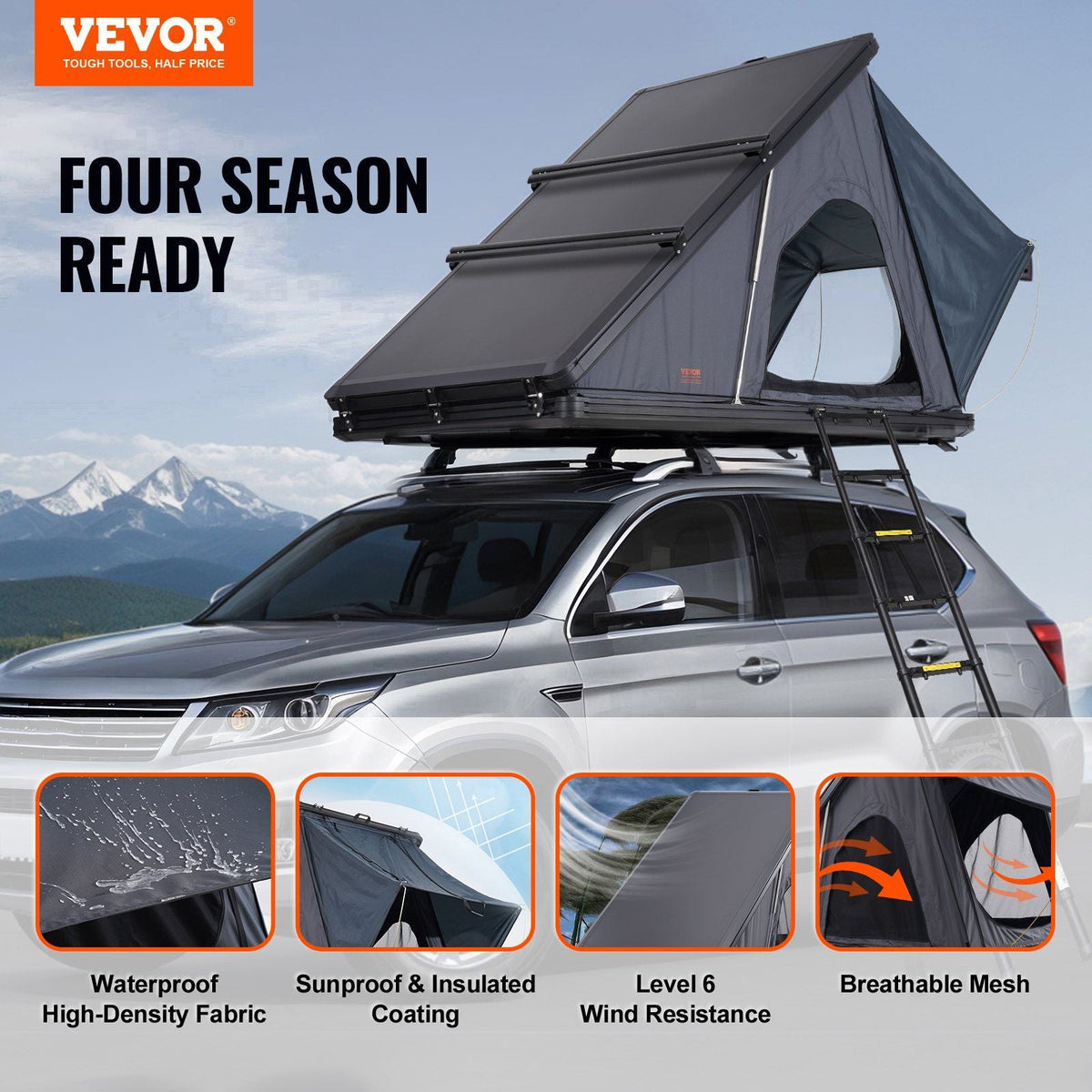 Naturnest Hard Shell Rooftop Tent 2–3 Person with Ladder & Thick Mattress, Waterproof for SUV & Truck, VEVOR, DOBA-RTT23NN