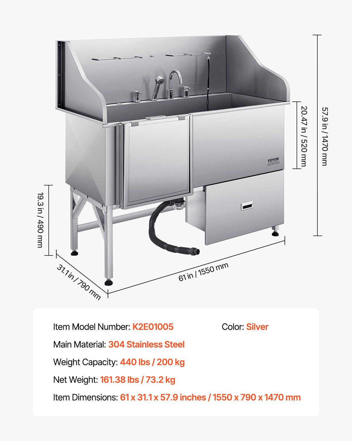 61" Stainless Steel Dog Grooming Bath Tub, Built-in Ramp & Water Filter, Left-Side Faucet Setup, DOBA-DT61L