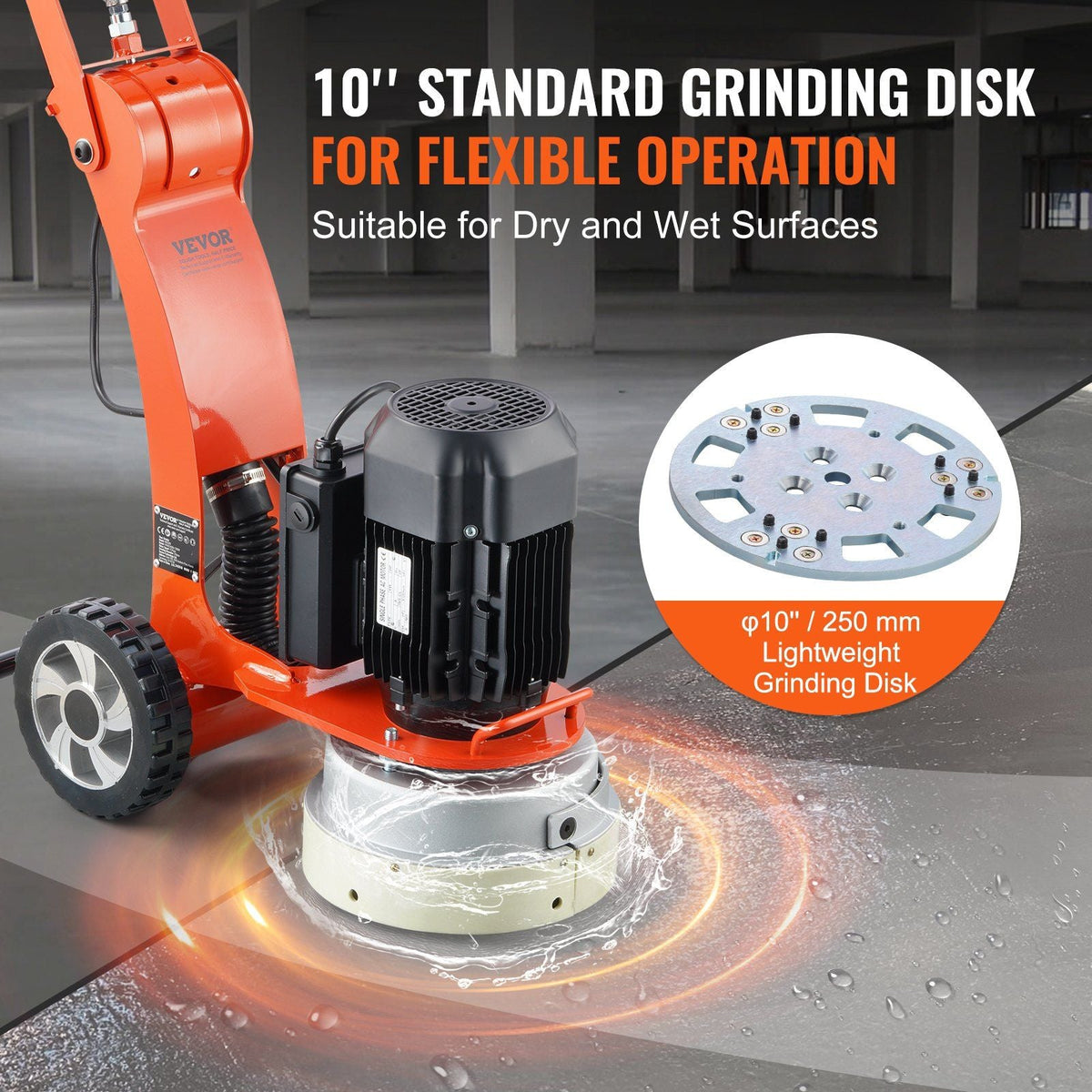 10" Electric Concrete Floor Grinder 1.7HP 1720RPM Brushless, Wet & Dry, VEVOR, DOBA-CG1017