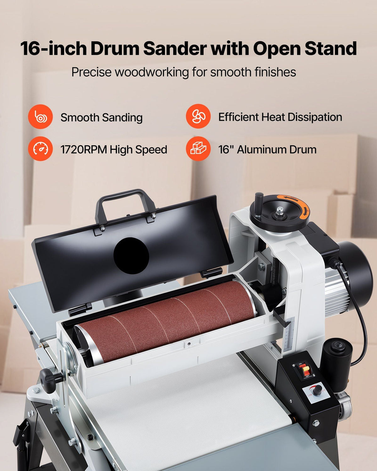 16" Drum Sander with Stand & Extension Tables, 1.5HP Variable Speed Dual Motor, VEVOR, DOBA-DS1615HP