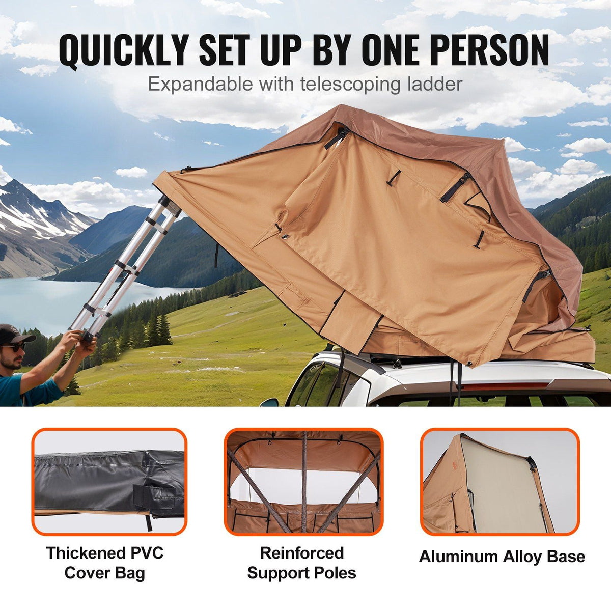 Rooftop Tent 2–3 Person Waterproof with Ladder, Inflatable Pole Camping Tent for SUV & Truck, VEVOR, DOBA-RTT23IP