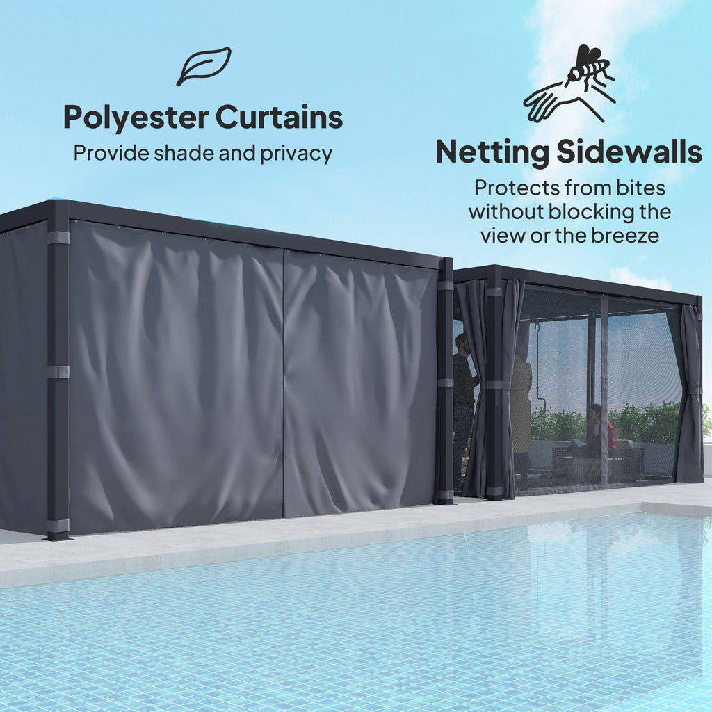 10' x 13' Adjustable Louvered Aluminum Pergola with Canopy, Curtains & Netting, Outsunny, DOBA-PG1013
