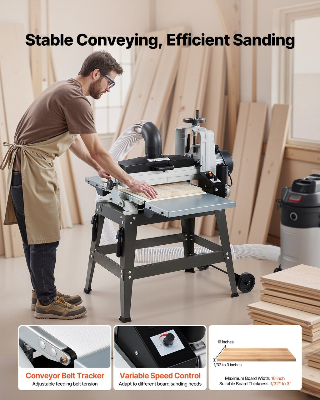 16" Drum Sander with Stand & Extension Tables, 1.5HP Variable Speed Dual Motor, VEVOR, DOBA-DS1615HP