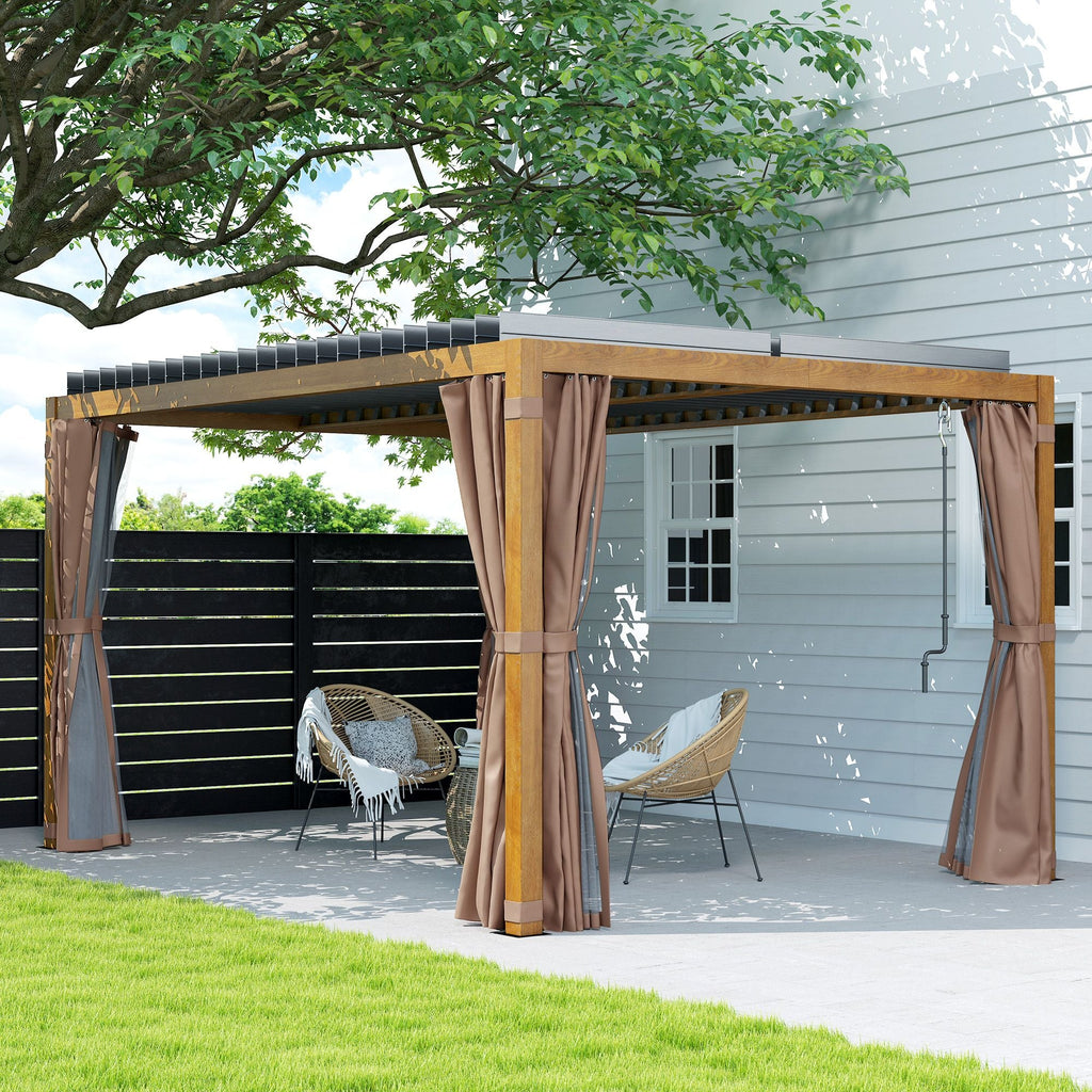 10' x 13' Adjustable Louvered Aluminum Pergola with Canopy, Curtains & Netting, Natural Wood, Outsunny, DOBA-PG1013B
