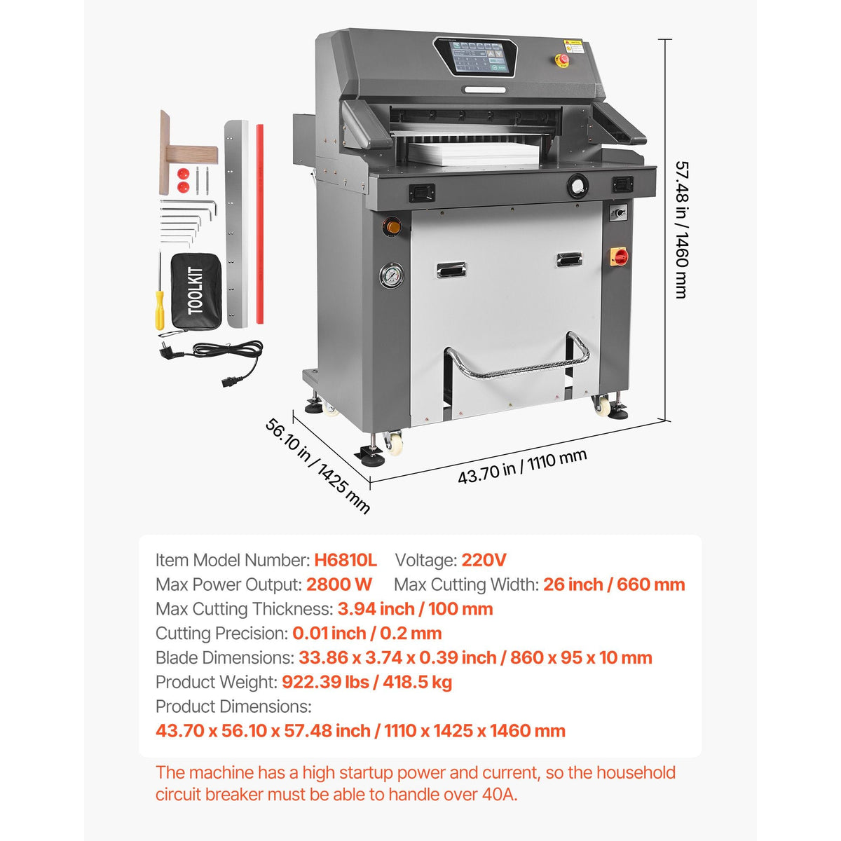 Electric Paper Cutter, Metal Hydraulic Paper Cutter Machine, 26 inch Cutting Width, 3.94 inch Cutting Thickness, Large Size Electric Guillotine Trimmer with Infrared Function and Spare Blade