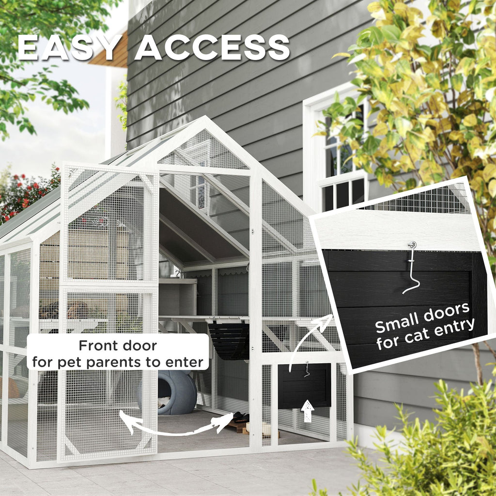 110" Wooden Outdoor Catio with Waterproof Cover, 2 Condos & 6 Platforms, White, DOBA-CAT110W