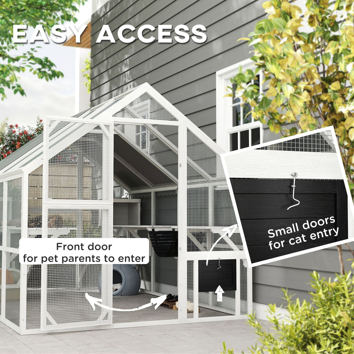110" Wooden Outdoor Catio with Waterproof Cover, 2 Condos & 6 Platforms, White, DOBA-CAT110W