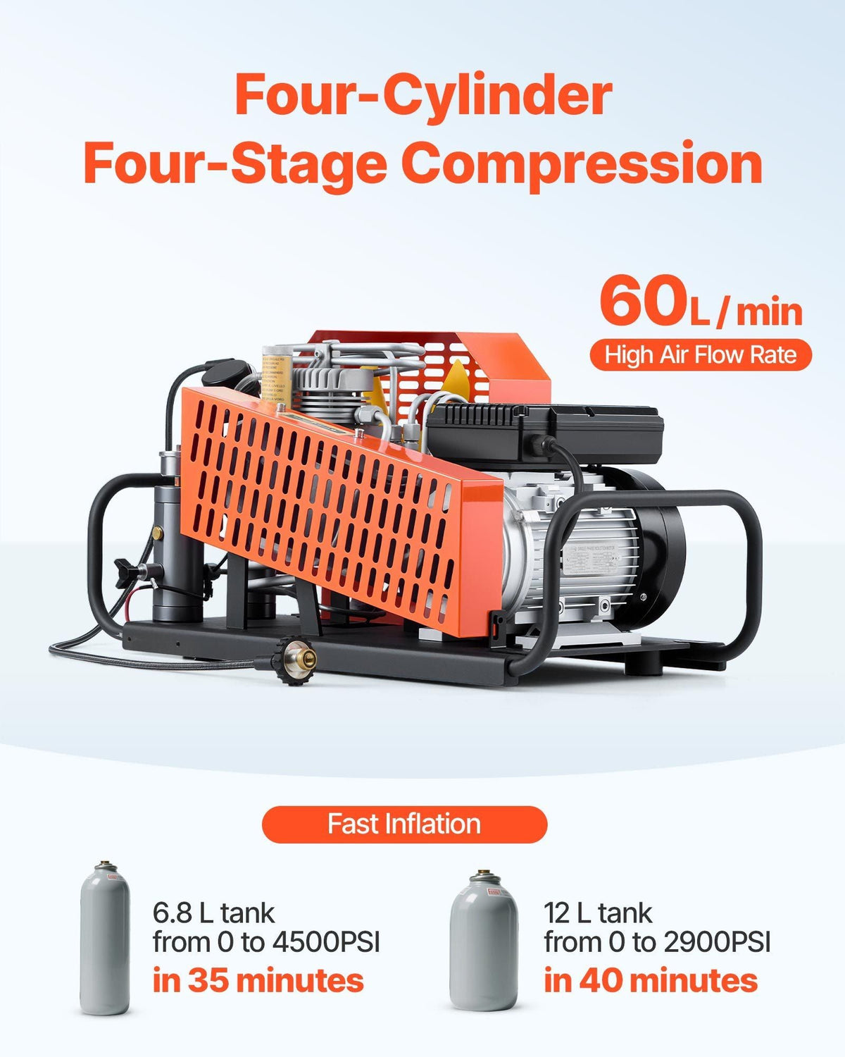 4500 PSI (30 MPa) PCP Air Compressor, 60 L/min Four-Cylinder, Auto Stop with Fan Cooling System, for Scuba Tanks & Paintball, DOBA-PCP4500