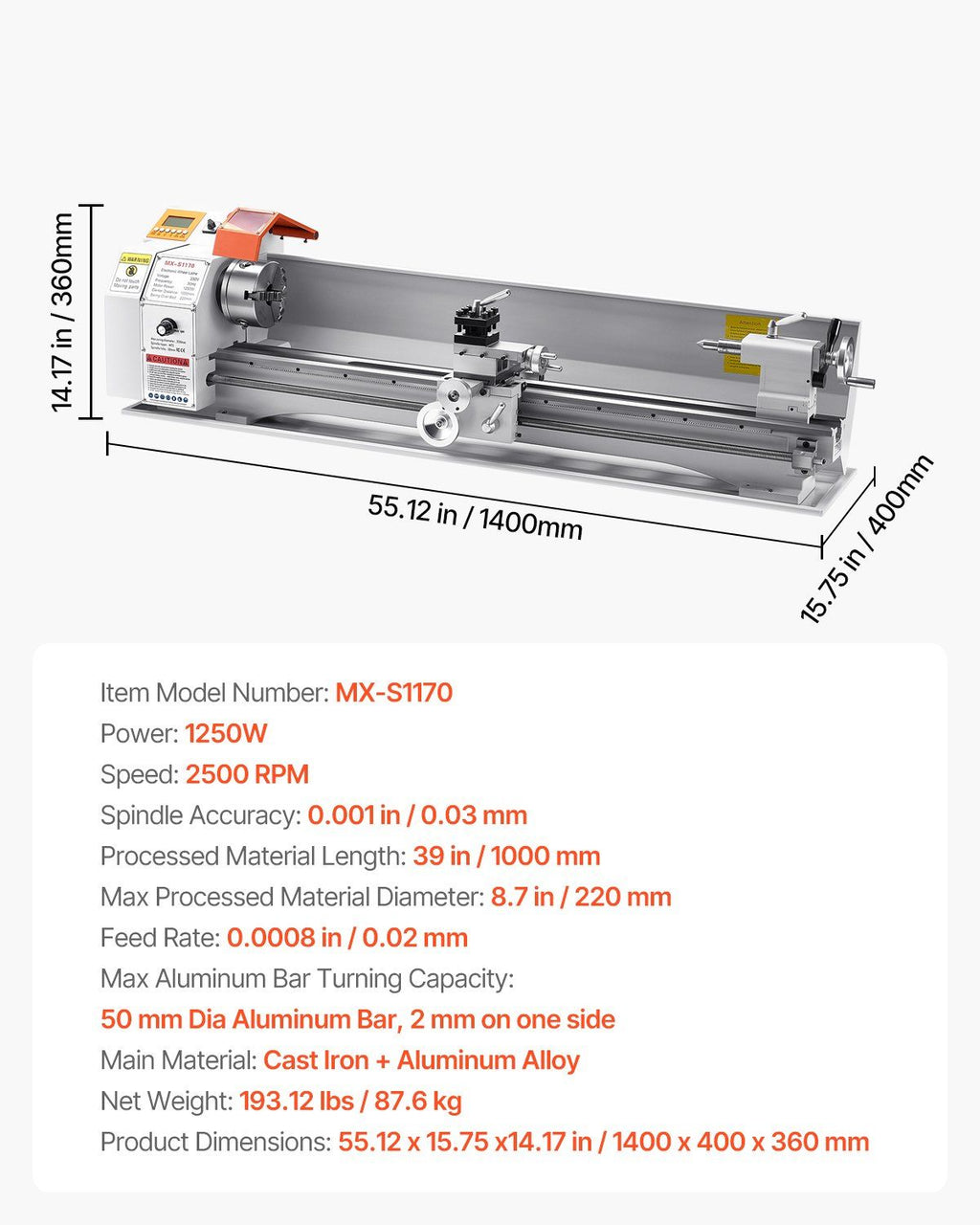 8.7" x 39" Metal Lathe Machine, Precision Bench Lathe, Variable Speed Power Control, Heavy-Duty Metalworking Tool, DOBA-ML8739