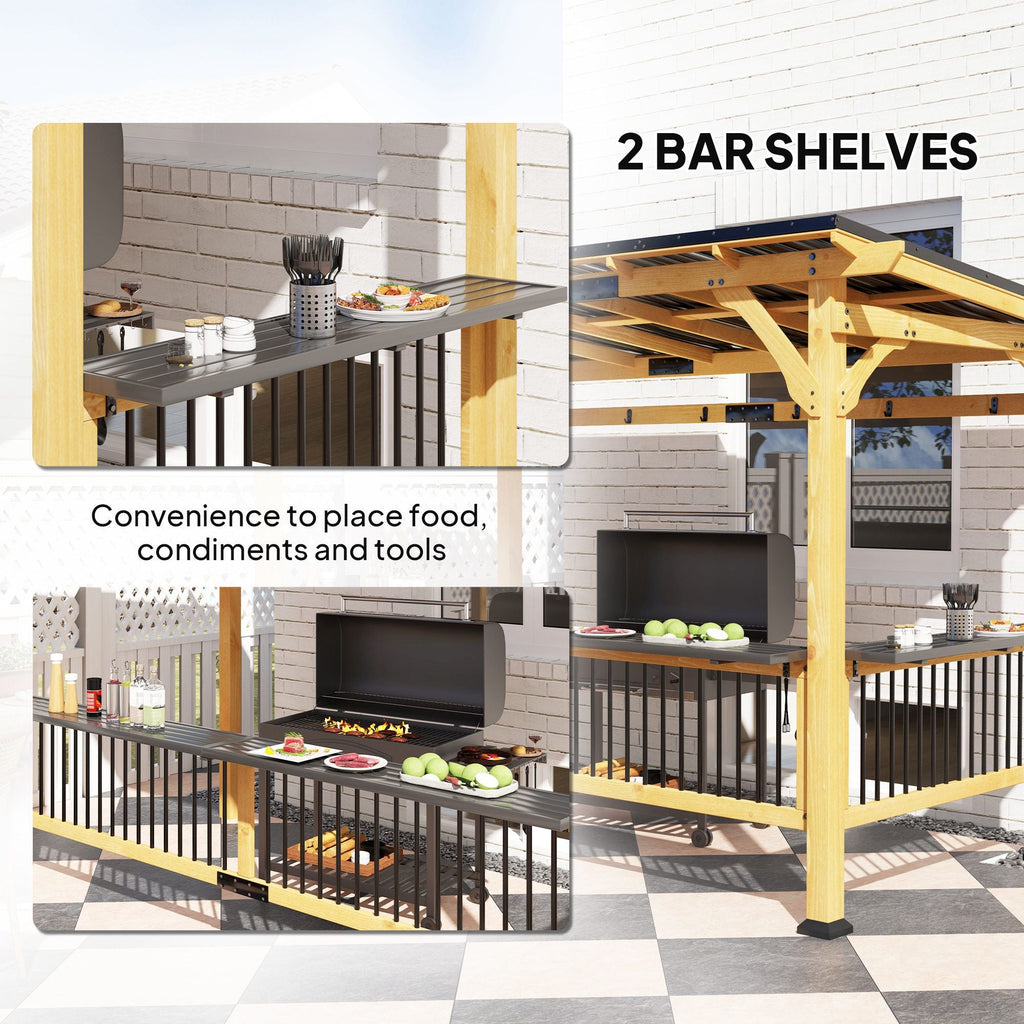 13' x 6' Wooden BBQ Grill Gazebo with Metal Hardtop Roof, Bar Shelves & Hooks, Natural, DOBA-GZ136