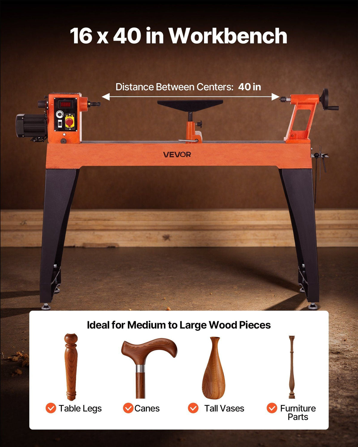 16" x 40" Woodworking Lathe, 1.5 HP Brushless Motor, 0–3200 RPM Variable Speed, Cast Iron Body with Tool Rest, DOBA-WL1640