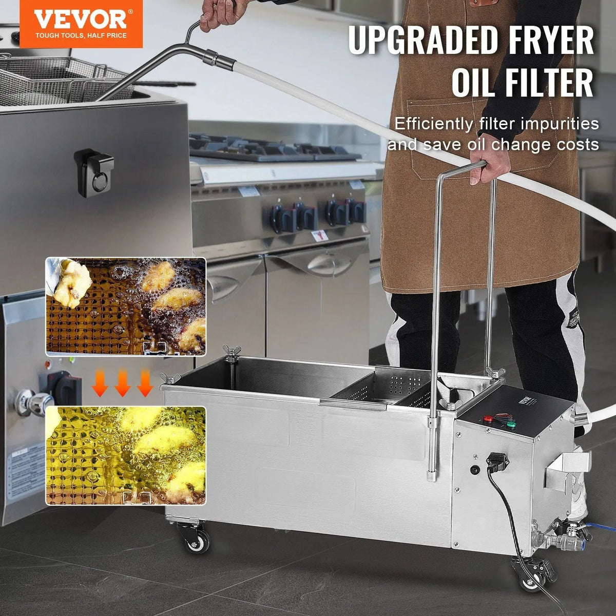 55L Mobile Fryer Filter, 10 L/min Filtration Speed, Swivel Wheels, Oil Hose for Restaurant Use, DOBA-FF55