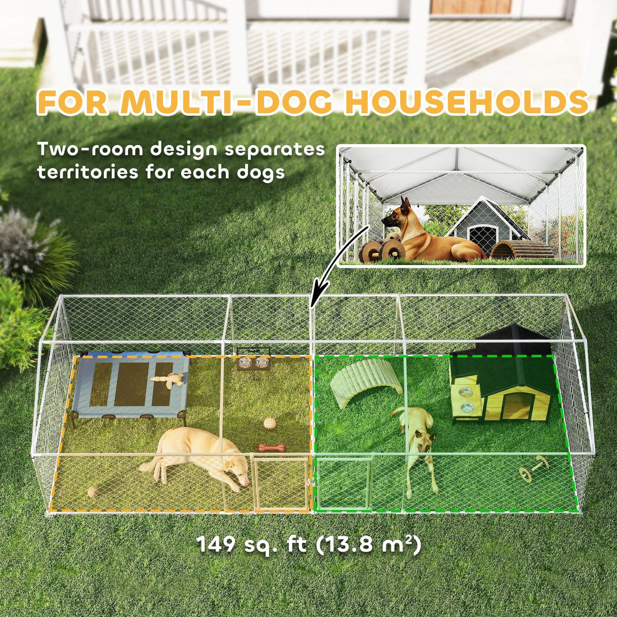 19.7' x 7.5' Two-Room Outdoor Dog Kennel with Roof & Secure Lock, PawHut, DOBA-DK20TR