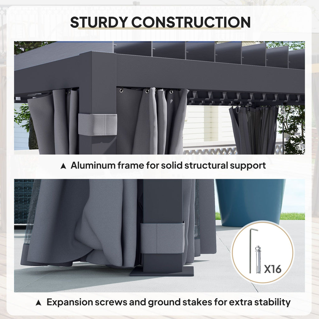 10' x 13' Adjustable Louvered Aluminum Pergola with Canopy, Curtains & Netting, Outsunny, DOBA-PG1013