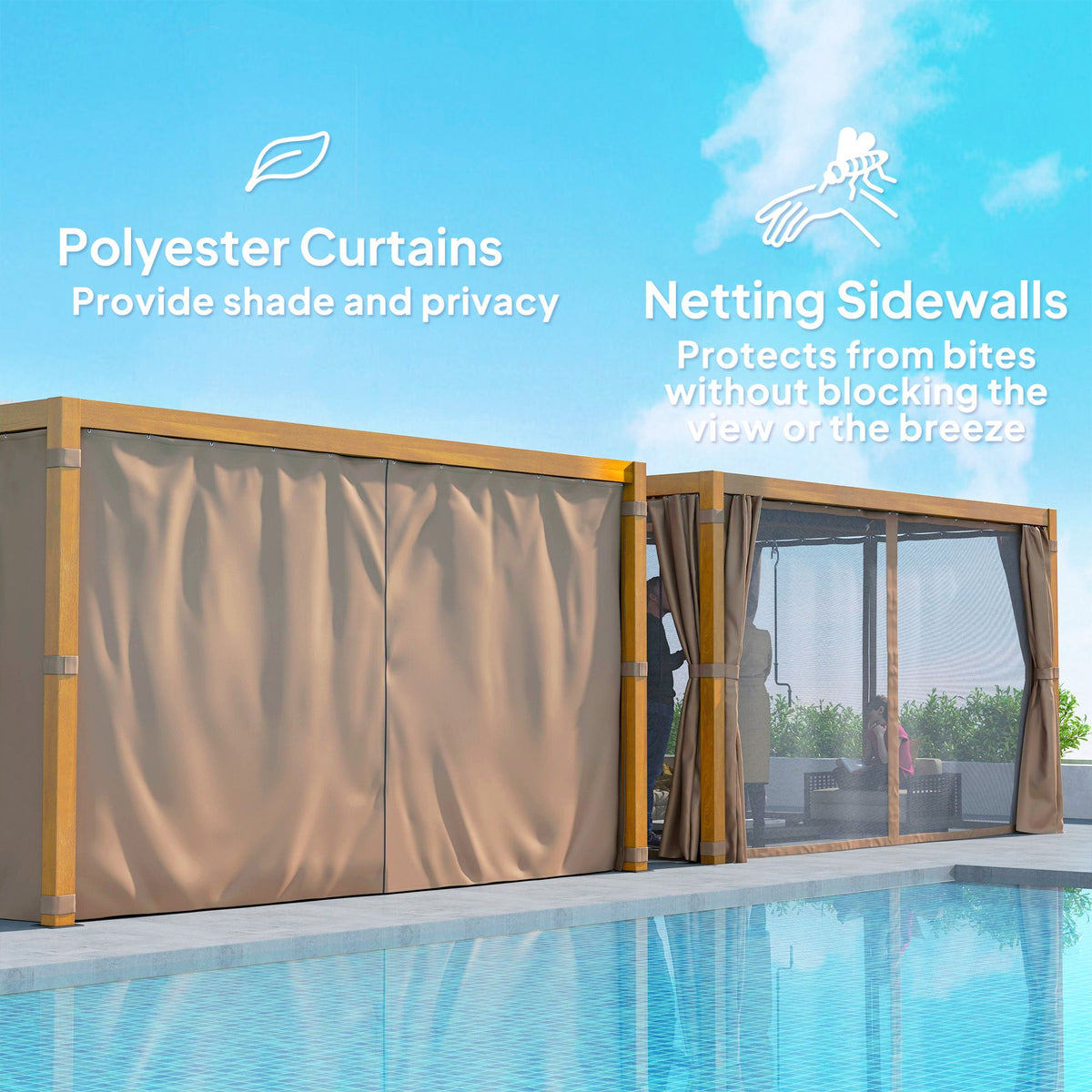 10' x 13' Adjustable Louvered Aluminum Pergola with Canopy, Curtains & Netting, Natural Wood, Outsunny, DOBA-PG1013B