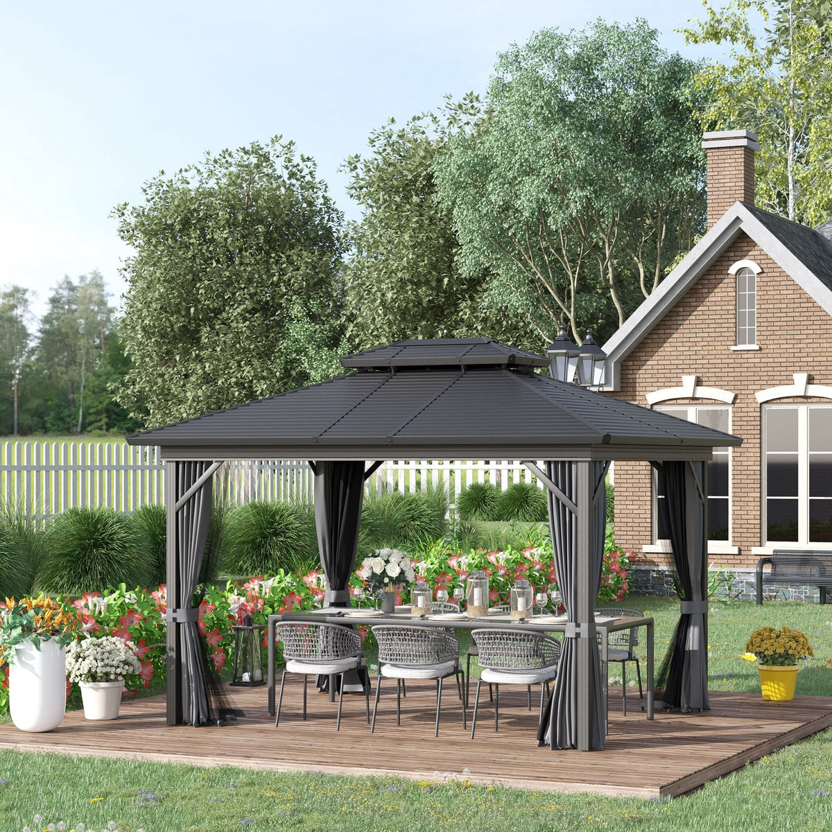 10' x 12' Hardtop Metal Gazebo with Curtains & Netting, Aluminum Frame, Outsunny, DOBA-GZ1012G