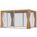 10' x 13' Adjustable Louvered Aluminum Pergola with Canopy, Curtains & Netting, Natural Wood, Outsunny, DOBA-PG1013B