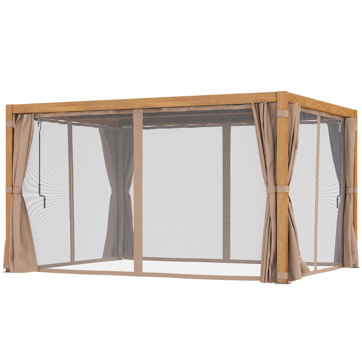 10' x 13' Adjustable Louvered Aluminum Pergola with Canopy, Curtains & Netting, Natural Wood, Outsunny, DOBA-PG1013B
