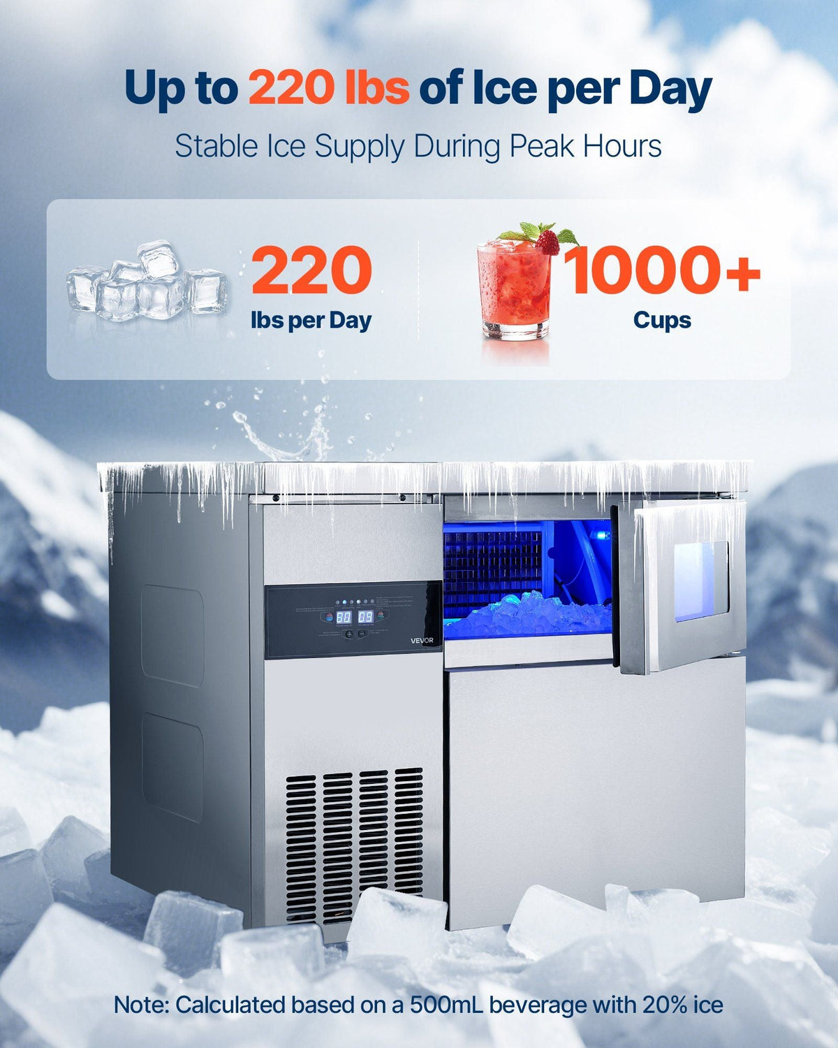 220 lbs/24H Commercial Ice Maker, Stainless Steel with Worktop, 66 lbs Storage & 108 Cubes per Cycle, Self-Cleaning Freestanding Design, DOBA-IM220
