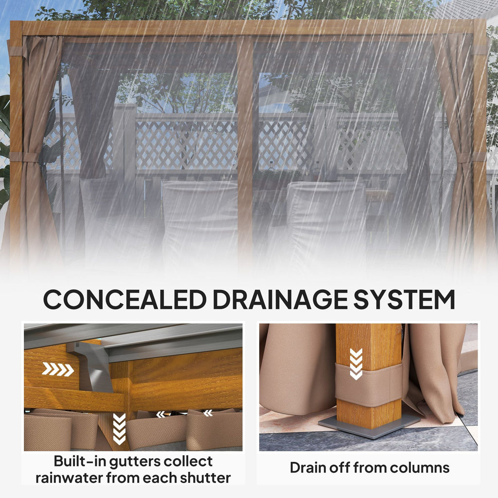10' x 13' Adjustable Louvered Aluminum Pergola with Canopy, Curtains & Netting, Natural Wood, Outsunny, DOBA-PG1013B