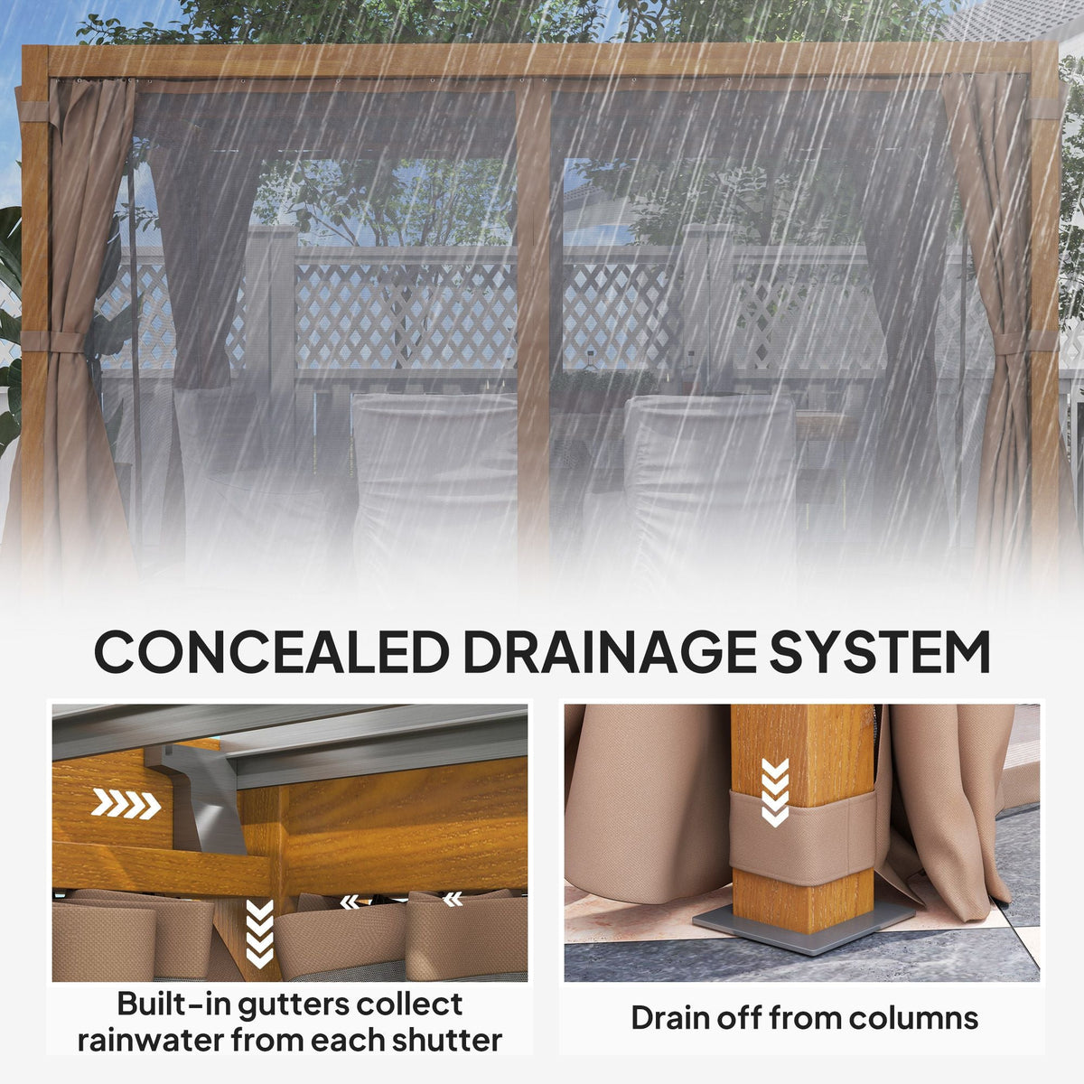 10' x 13' Adjustable Louvered Aluminum Pergola with Canopy, Curtains & Netting, Natural Wood, Outsunny, DOBA-PG1013B