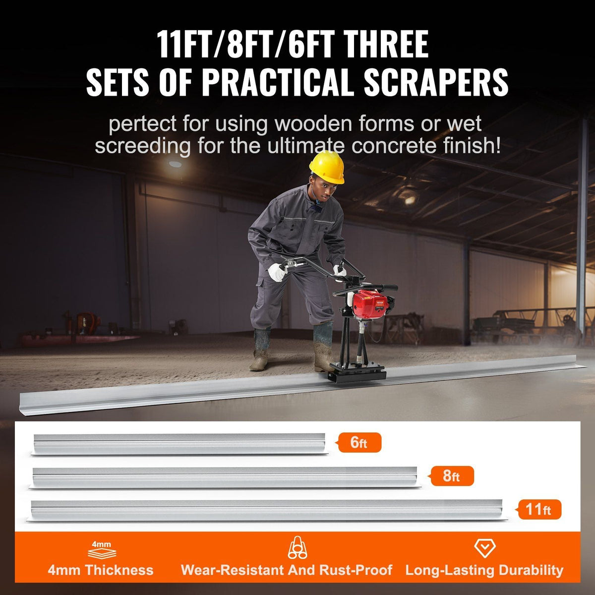 VEVOR Gas Concrete Power Screed, 6ft/8ft/11ft Aluminum Board Straight Edge Bar Set, 4 Stroke Cement Finishing Vibrating Motor w/ Height Adjustable Handles, High Efficient Concrete Tool 6500RPM