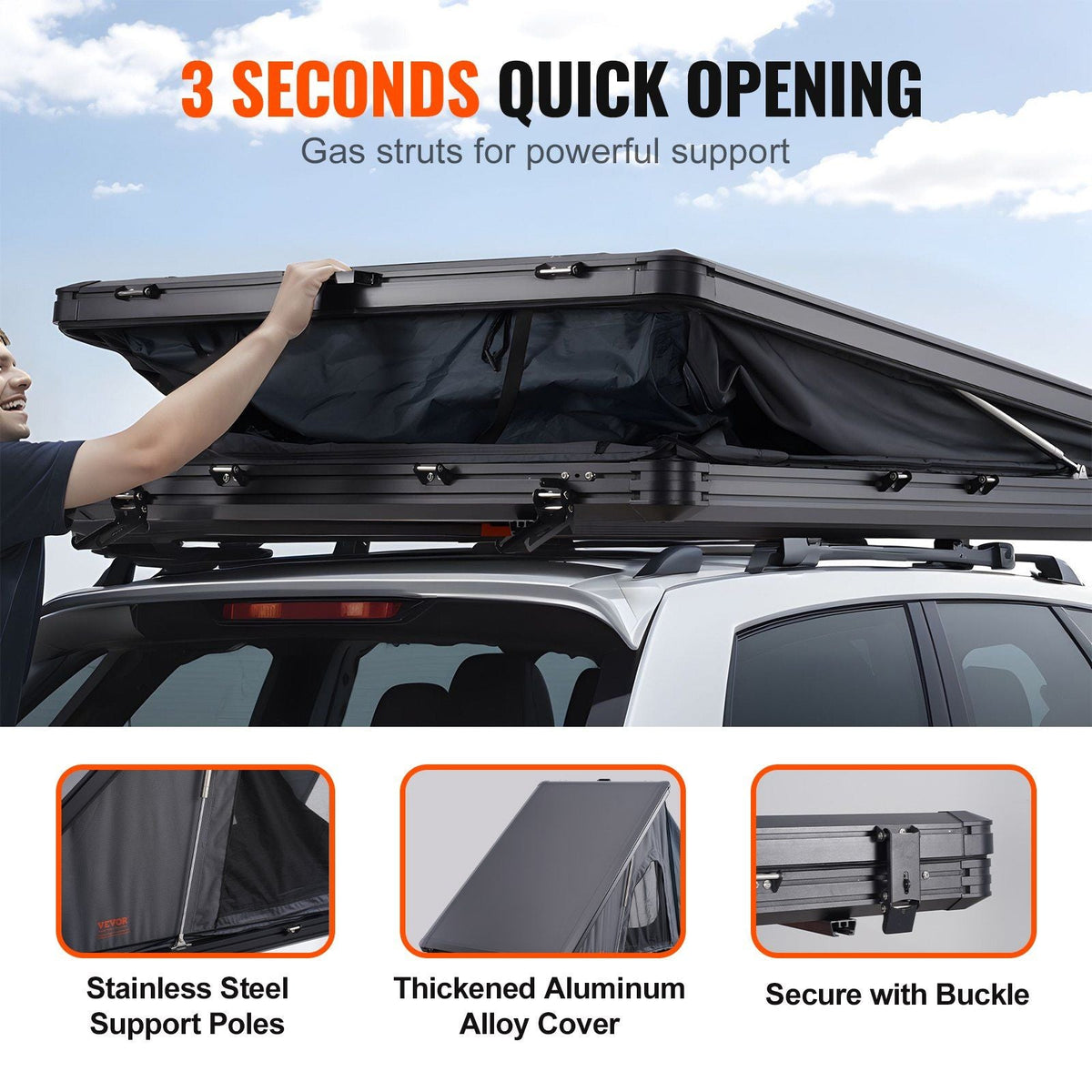 Hard Shell Rooftop Tent 2–3 Person with Ladder, Aluminum Shell Waterproof Tent for SUV & Truck, VEVOR, DOBA-RTT23AL