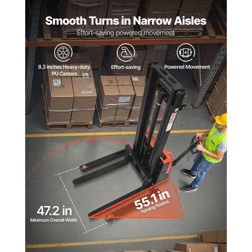 Full Electric Pallet Stacker, 3300 lbs Capacity, Pallet Lift Stacker Forklift with Straddle Legs & Forks, 127.6 Inches Lifting Height & 8.66-31.1 Inches Adjustable Fork Width, Orange & Black