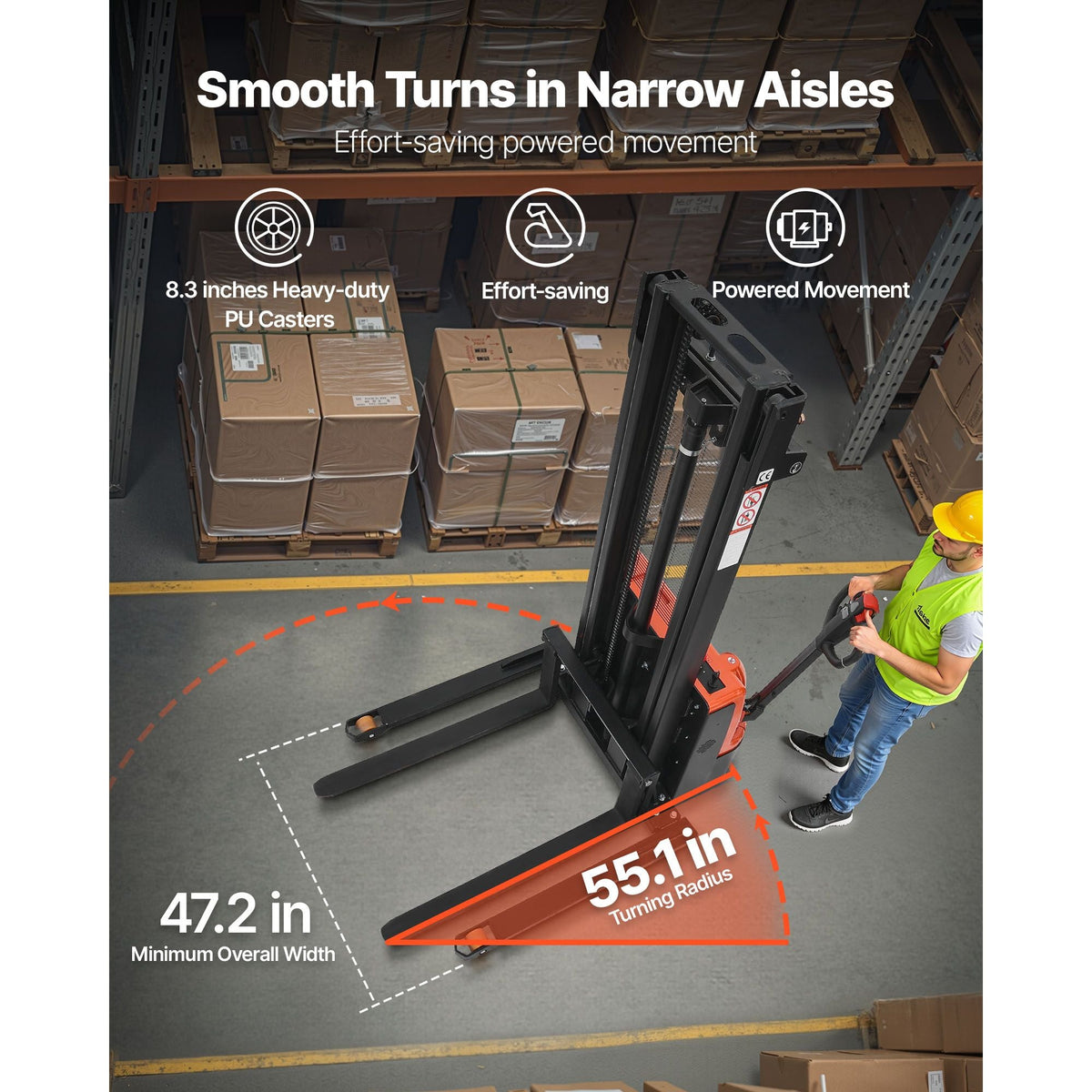 Full Electric Pallet Stacker, 3300 lbs Capacity, Pallet Lift Stacker Forklift with Straddle Legs & Forks, 127.6 Inches Lifting Height & 8.66-31.1 Inches Adjustable Fork Width, Orange & Black